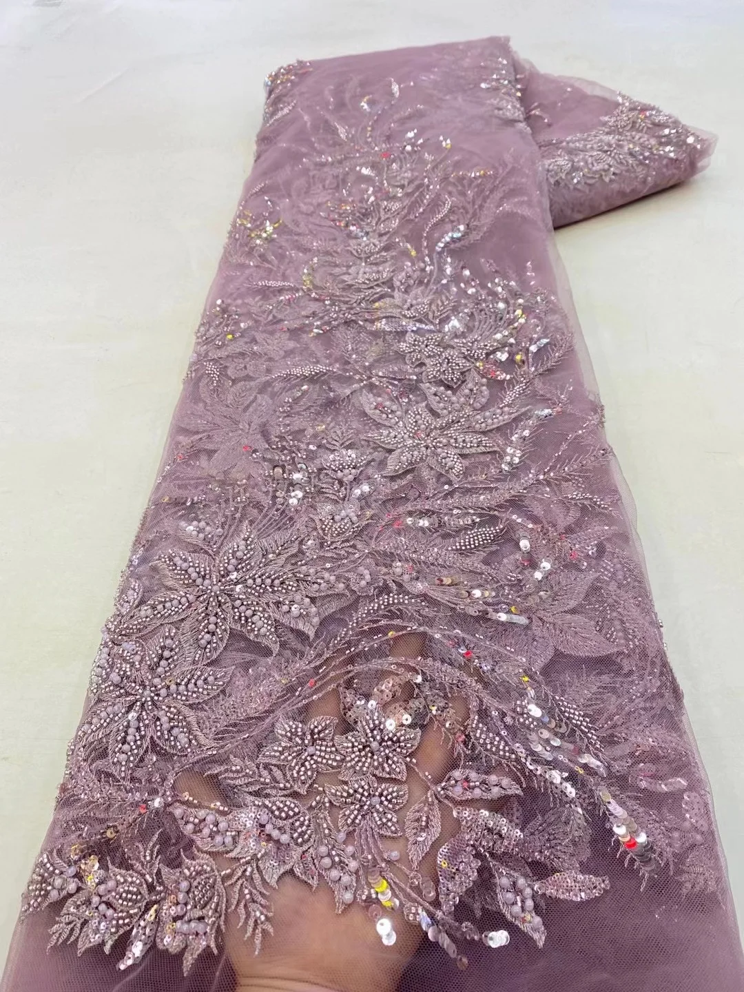 

African Heavy Beaded Lace Fabric Rhinestones French Handmade 3D Embroidery Sequins Lace Fabrics For Bridal Wedding Dress PL332-1