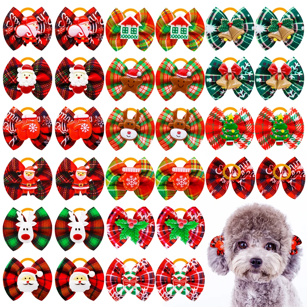 

50/100pcs Dog Bows Christmas Dog Hair Bows Christmas Hair Accessories Rubber Bands Pet Supplies For Dogs Grooming Accessories