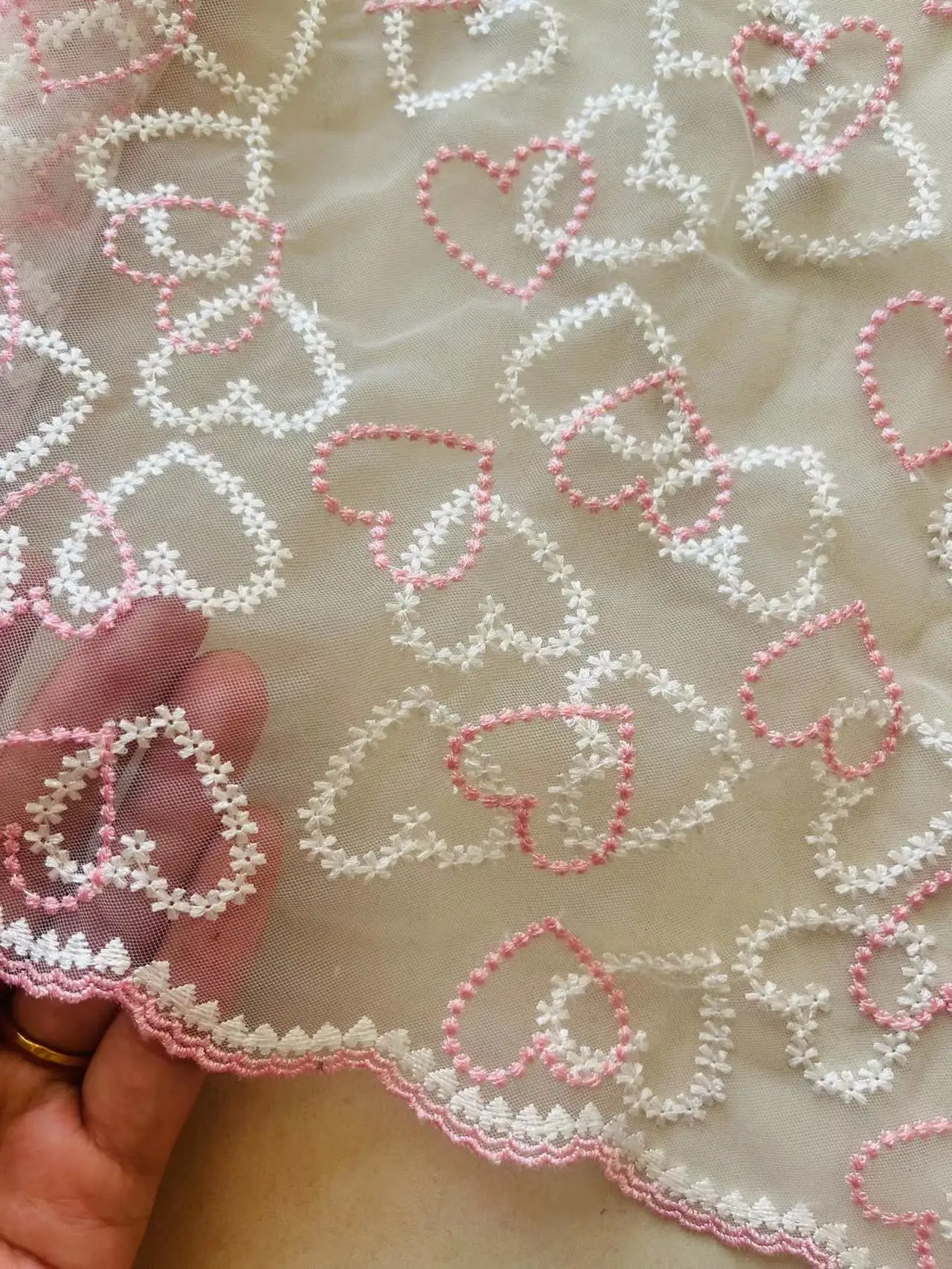 1 Yard Pink Heart Emebroidery Lace Trim DIY Clothing Lace Accessories Embroidered Net Lace for Lingerie Sewing Crafts