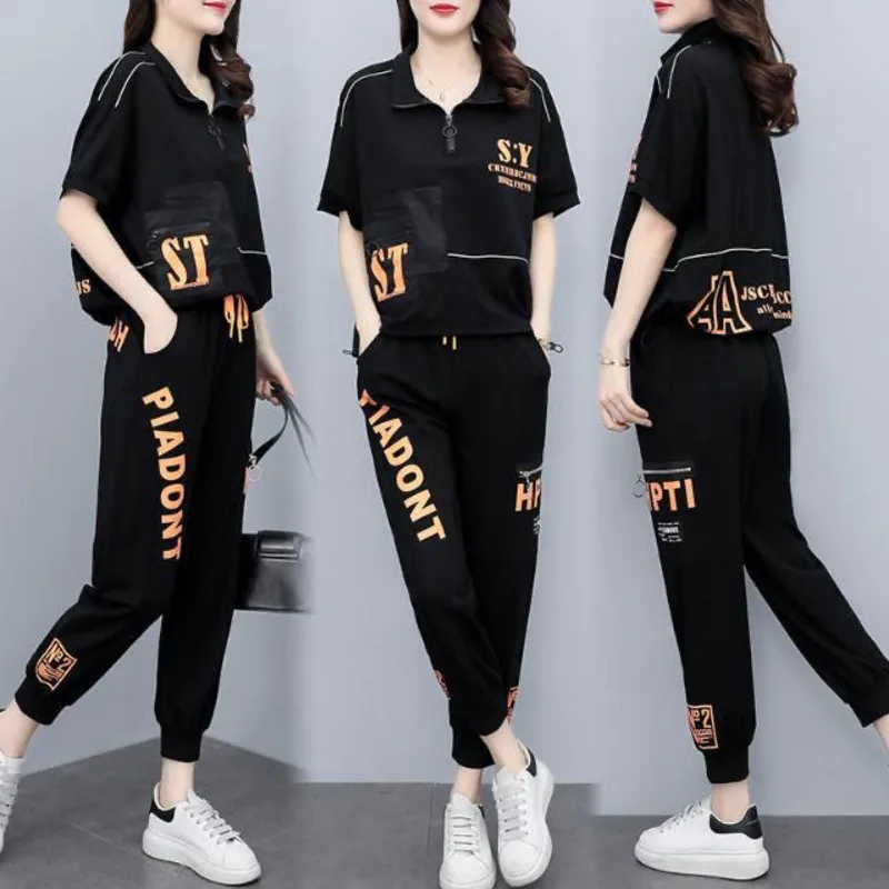 2023 Summer New Fashion Sports Leisure Suit Korean Style Loose Splicing Short Sleeve Tops Pencil Pants 2 Two Piece Set For Women