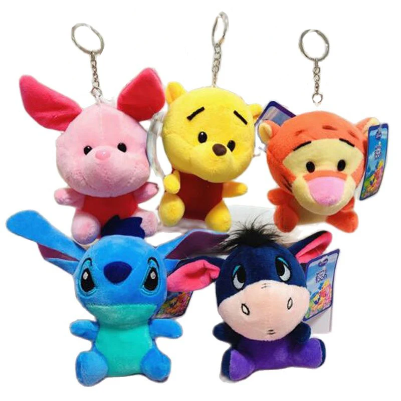 

Wholsale 20pcs/lot 10cm Bear Pooh Lilo Stitch Plush Toys Keyring Cute Pig Tiger Animal Stuffed Small Pendant Gifts For Kids