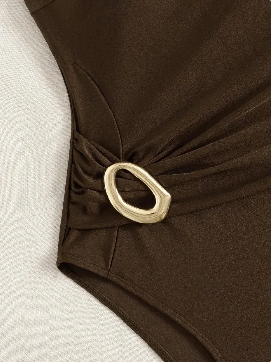 Solid One-Piece Suits One Shoulder Bathing Suit Asymmetric One Shoulder Waist Gathered Twist Gold Metal Buckle High Leg Swimwear - 5