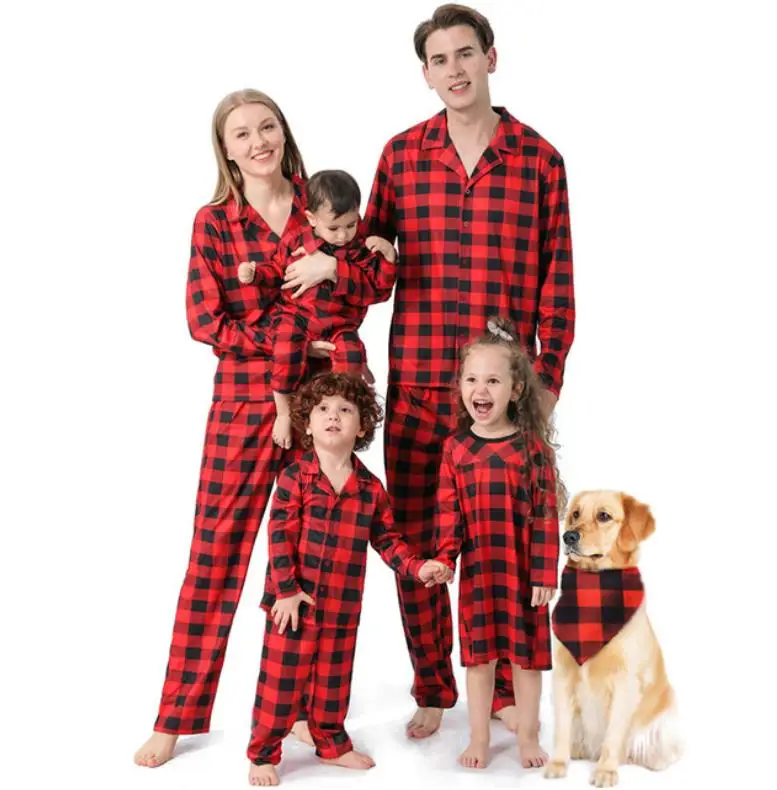 thumbnail image 1 of Pijamas familiares a juego de Navidad de algodón a cuadros para madre, padre, bebé, niños y perro, ropa familiar a juego, 1 of 5