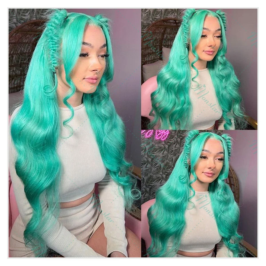 Mint Green Body Wave Human Hair Wig - HD Lace Frontal