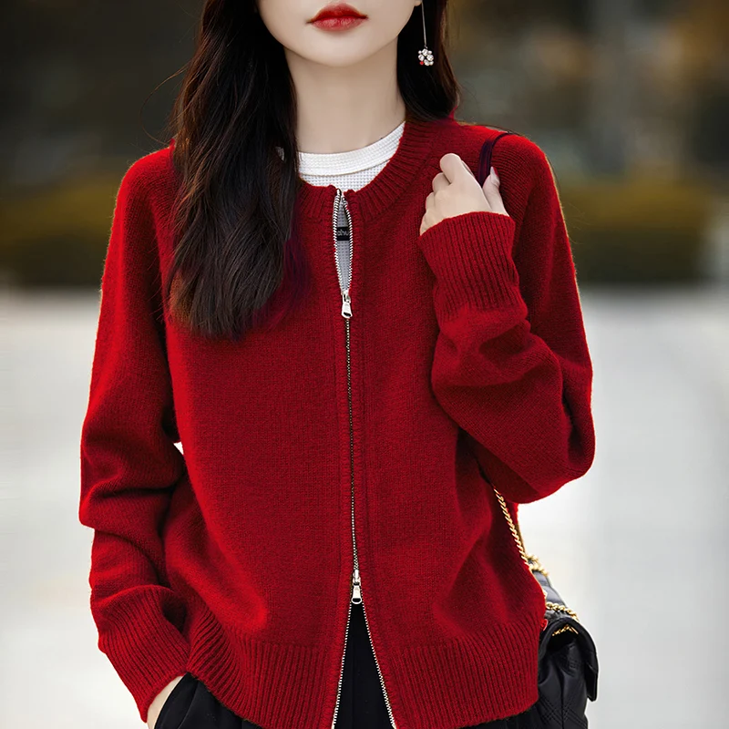 여성용 100% 울 캐시미어 스웨터, 라운드넥 카디건, 루즈한 한국 패션, 여성 상의 재킷, 2024 용수철 가을 신상