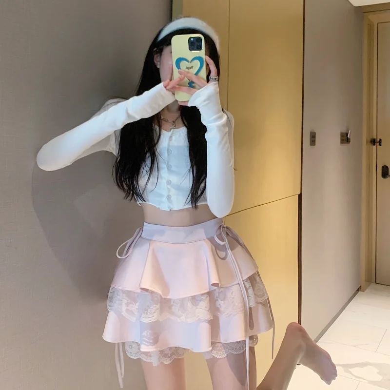 Multilayer Mini Skirts Women Ruffles Lace Patchwork Cute
