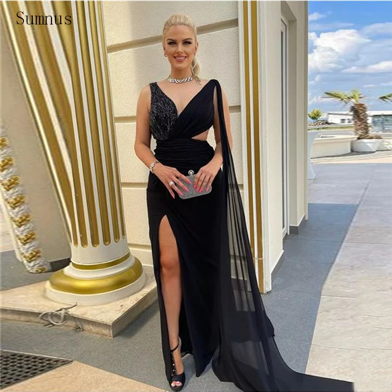 

Sumnus Black Chiffon Evening Dresses High Side Split Robes De Soirée Sexy Abendkleider Dubai For Women Prom Party Gowns