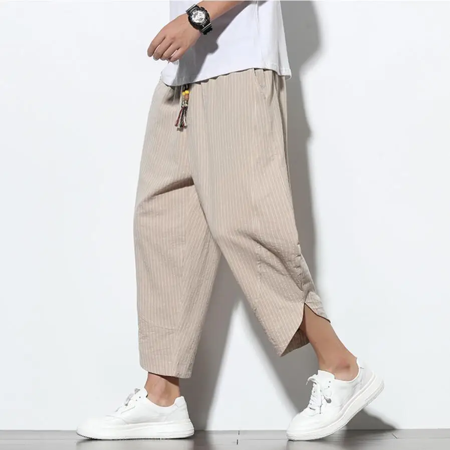 

Stripe Cotton Harem Pants Men Summer Fashion Joggers Hip Hop Streetwear Wide Leg Bloomers Harajuku Style Calf-Length Pants Men