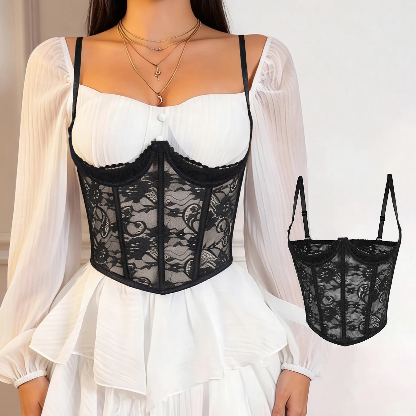 Sheer black lace top styled over a white dress for an elegant layered look
