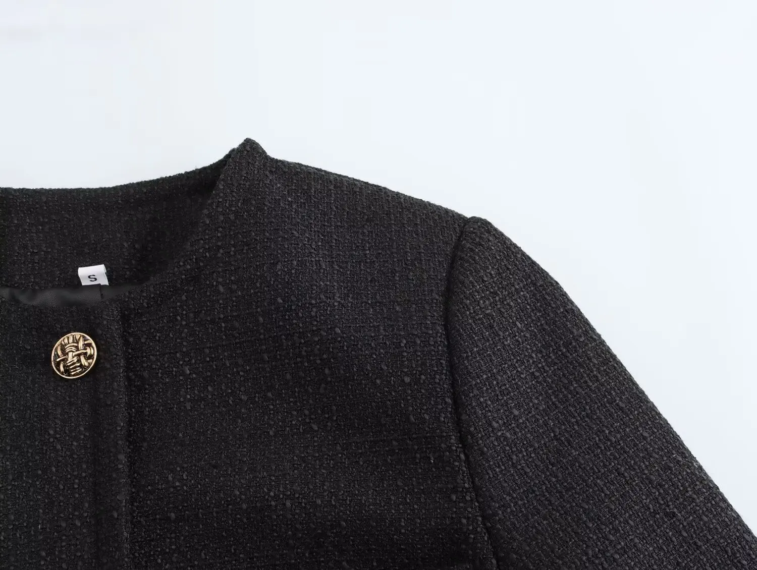 Abrigo de tweed negro de lana suave con cuello redondo para otoño, chaqueta corta vintage con bolsillos delanteros y botones de un solo pecho, chaqueta elegante