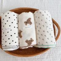 Baby Swaddle Blanket Bear Cherry Floral Print Cotton Muslin Blankets for Boys Girls Newborn Wrap for Baby Bath Towel 110x150cm 1