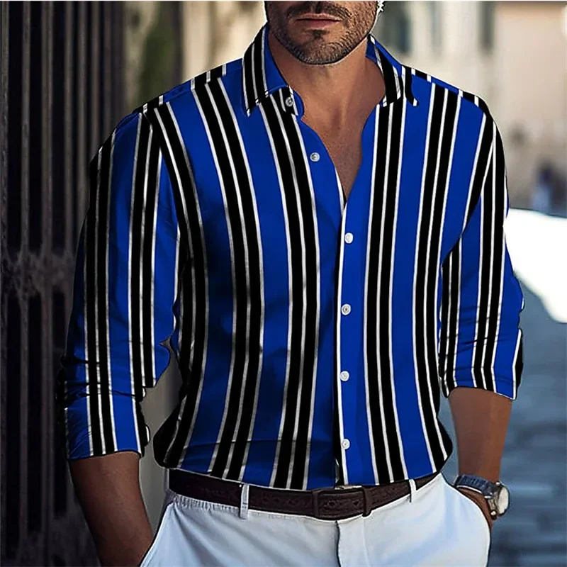 men striped shirts 2023 new spring autumn casual male long sleeve elastic comfortable business shirt 2024 Striped Comfortable Fashion Casual Men's Shirt Button Shirt Vacation Daily Spring Autumn Lapel Long Sleeve Blue Shirt 6XL