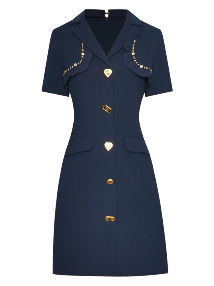 

Sweetsince Business Dress Lapel Short Sleeve Ruffle Knee Length Skirt Solid Summer Women Commuting 2023Luxury Designer Skintight