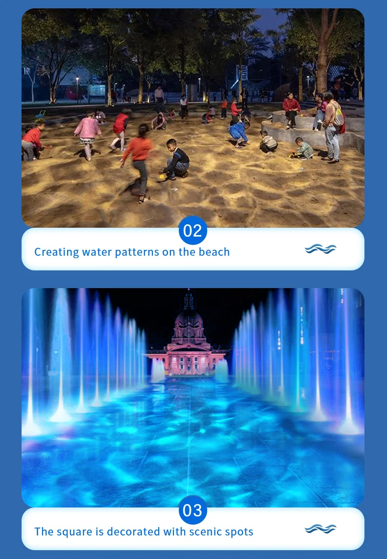 Top image shows children playing in the sand at a beach at dusk, enjoying the outdoor atmospheres. Bottom image displays a brilliantly lit fountain with a historic building in the background at night.