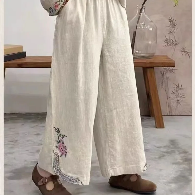 2024 Women's Spring Summer Retro Embroidery Elastic Cotton Hemp Temperament Versatile Casual Loose Crop Pants Wide Leg Pants