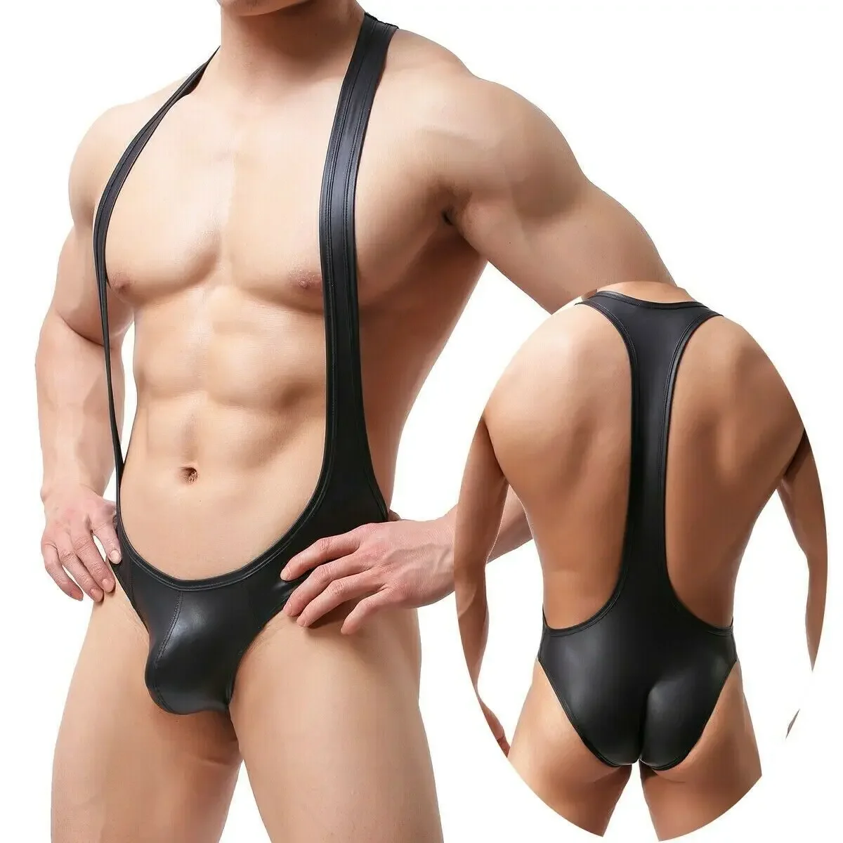 Sexy Men's Wetlook Faux Leather One Piece Bodysuits Jumpsuits Open Butt Tights Catsuits Male Fetish Costume Party Dance Clubwear