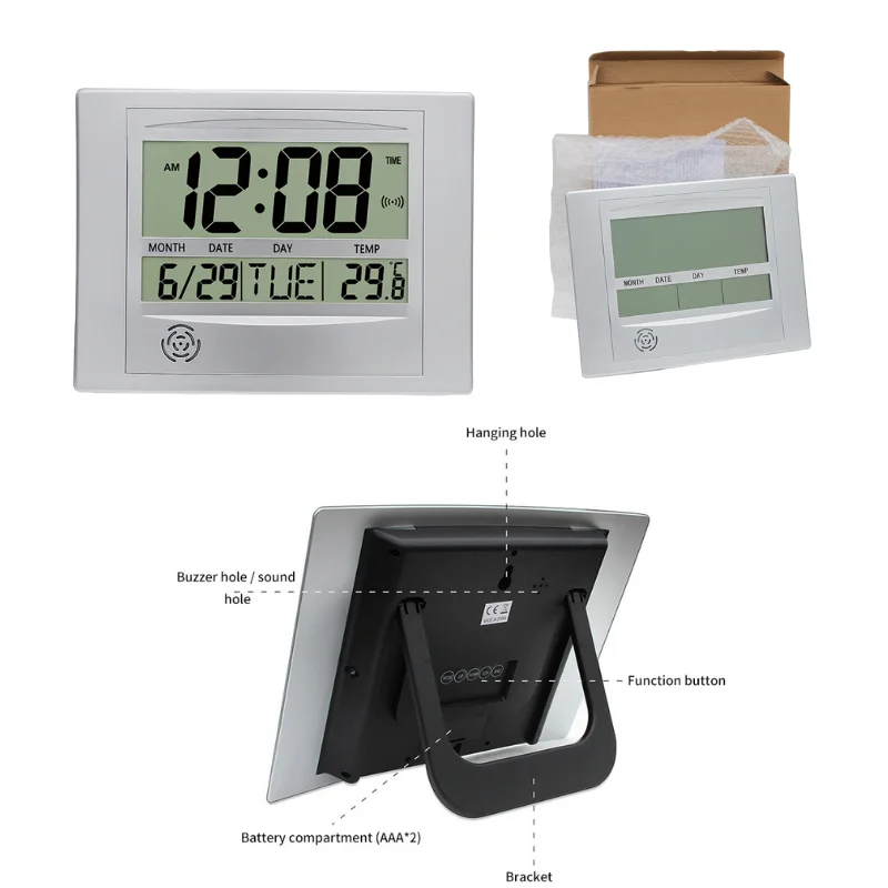 SilverDigitalWallClocksAtomicDeskAlarmLargeDisplayBattery