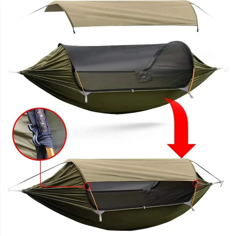 Outdoor Anti-Rollover Hammock, Sunshade and Mosquito Proof, Single and Double Camping Hammock with Mosquito Net 3