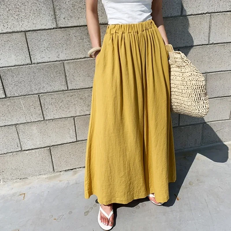 

Chinese Style women cotton linen casual loose high waist wide leg pants solid color large size WOMEN'S pants 11366