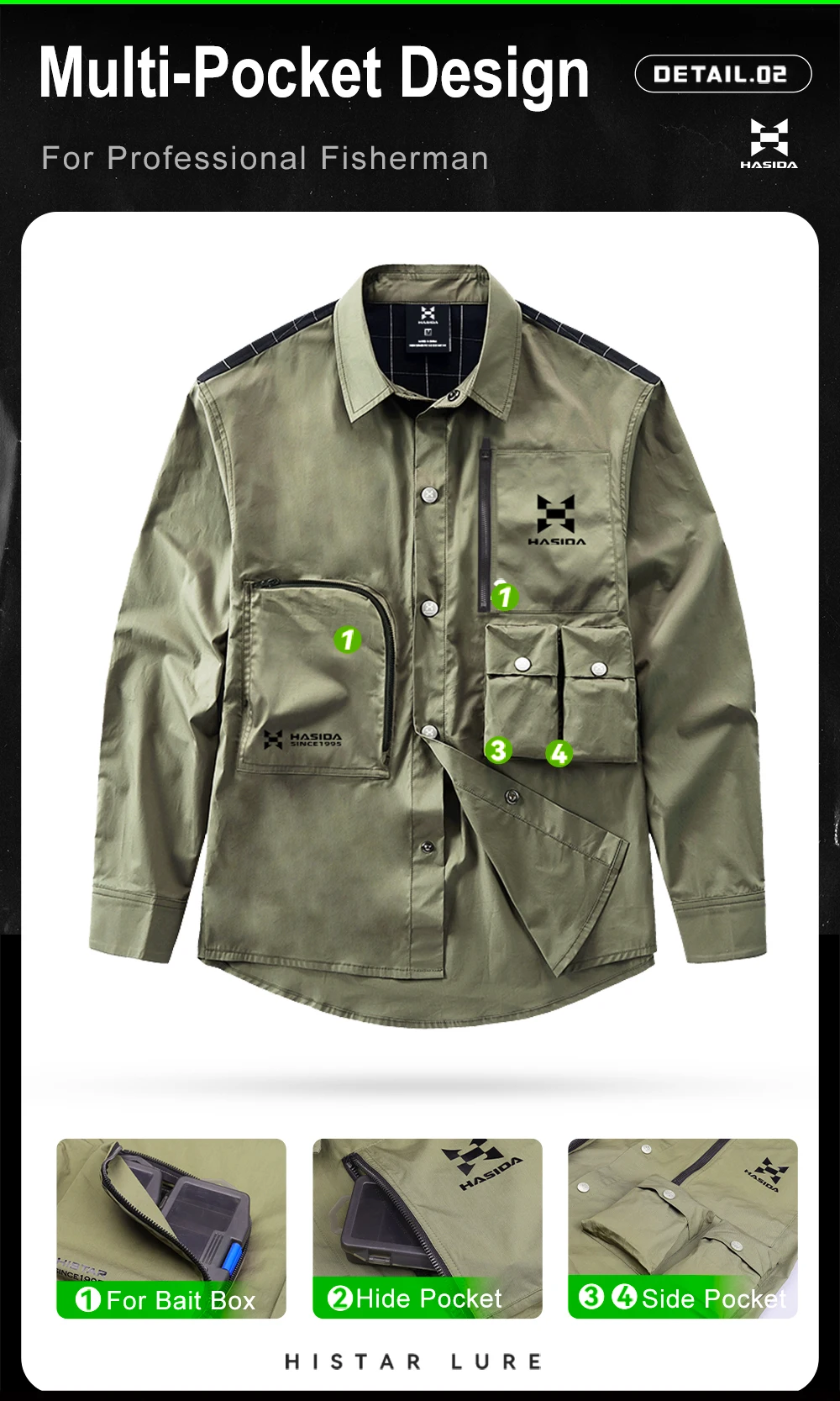 Description Picture 4 of itemHISTAR Clothing With Button Multi-Pocket Sun Protection Shirts Sports Fishing Jacket