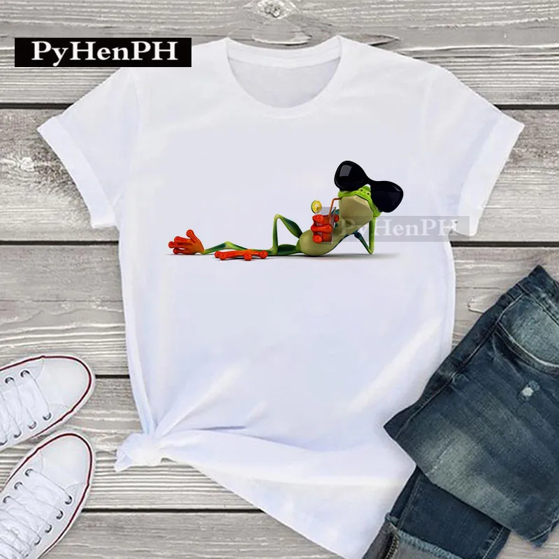 Summer Cartoon Frog Print Short-sleeved T-shirt White Matching Parent-child Outfit Couple Outfit Oversized T Shirt