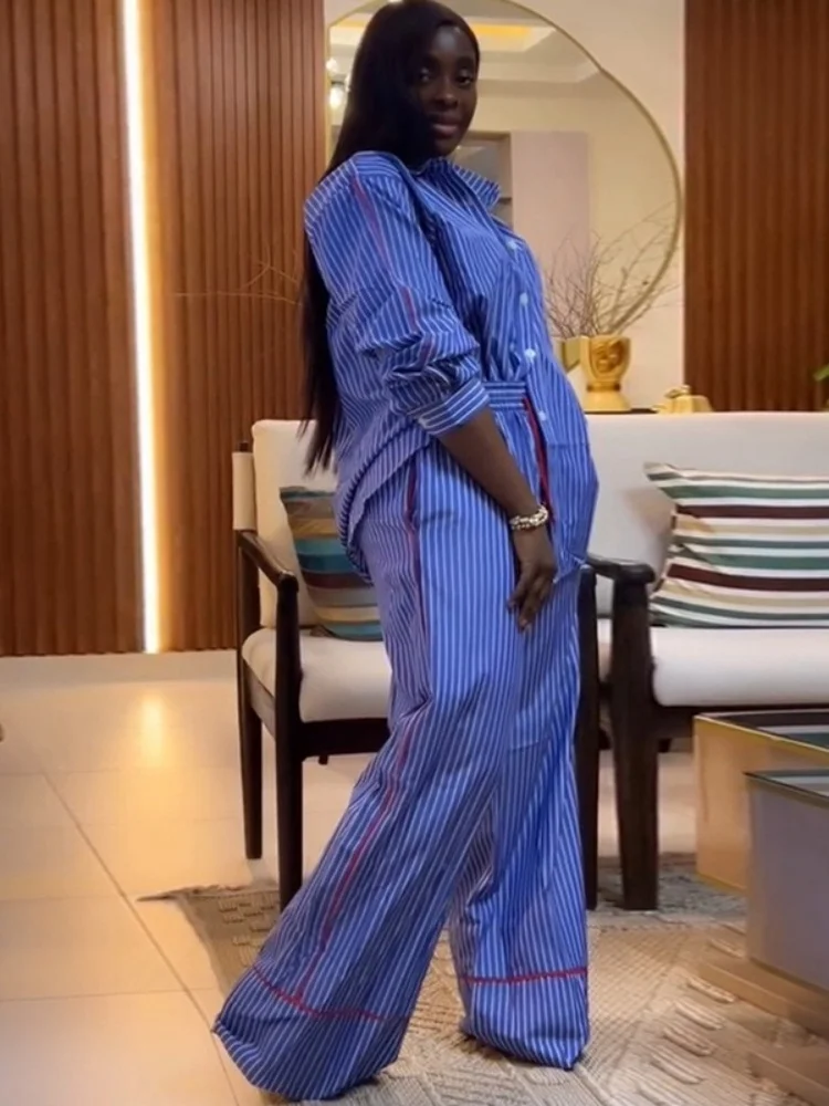 Wmstar Two Piece Set Women Wholesale Woman 2025 Summer New Fashion Lapel Loose Striped Shirt  Suit Wide Leg Trousers Pant Sets