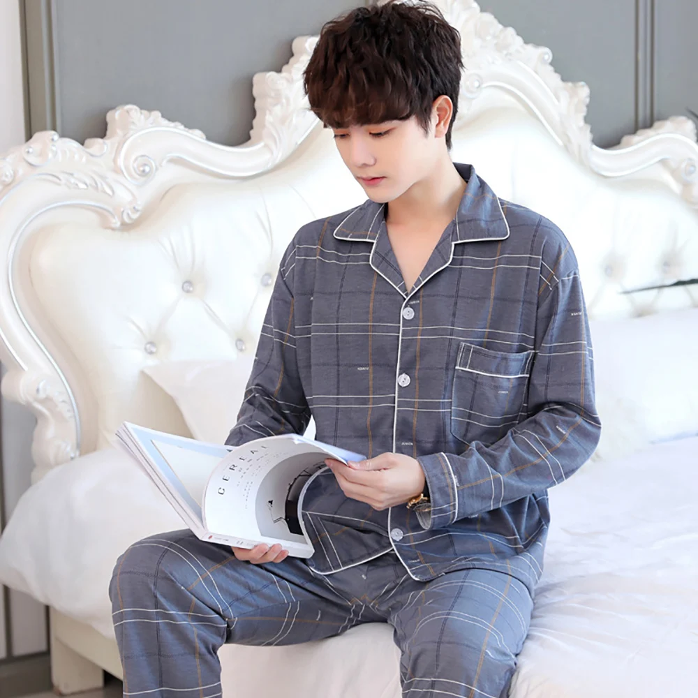 Spring Summer Long Sleeve Sleepwear Plaid Pants Trendyol Home Pajamas for Men Casual Cardigan Pajama Sets pijama hombre verano summer spring pajamas for men casual cotton pajama sets fashion letter print short sleepwear with plaid shorts stretch pyjamas