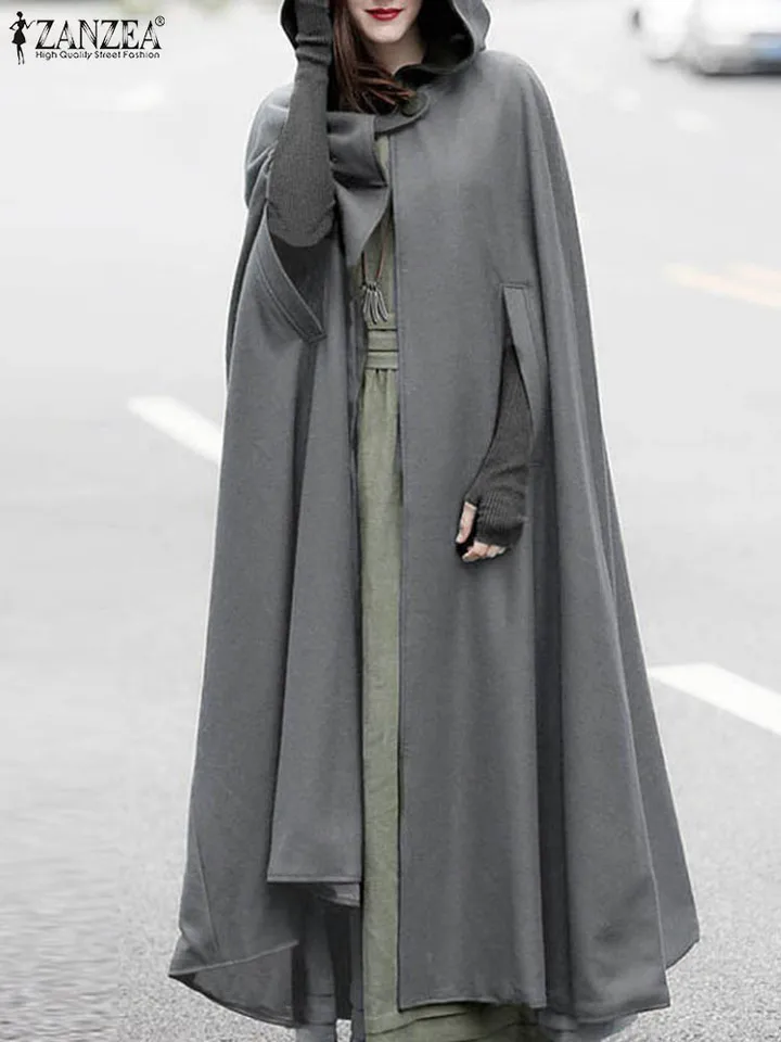Fashion Long Cape Cloak ZANZEA Women Hooded Wool Blend Cloak Coat