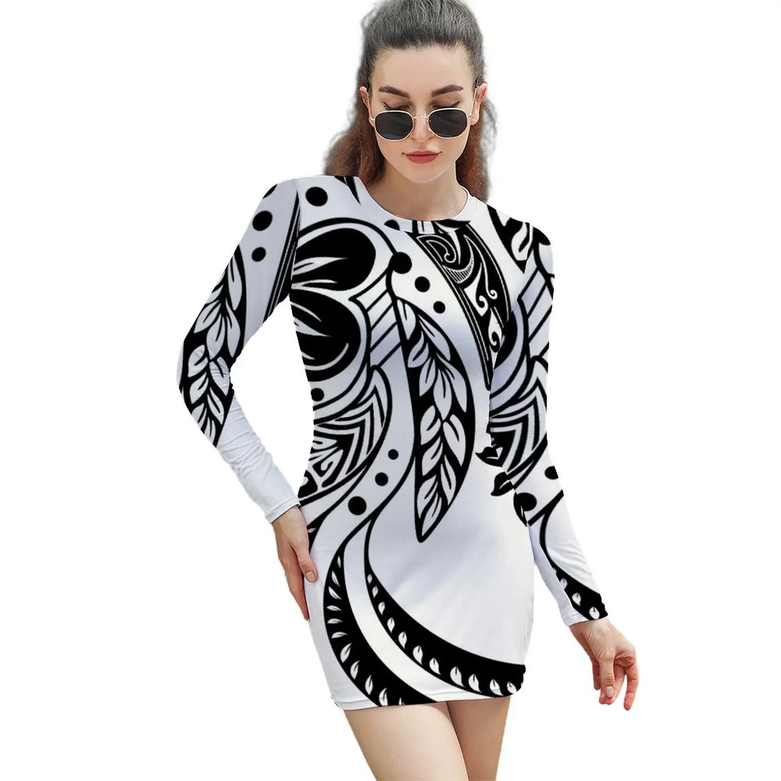 

Polynesian Tribal Black And White Long-Sleeved Sheath Dress beach dress women formal occasion dresses Female dress