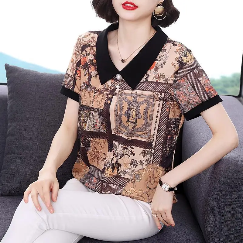 Vintage Printed Shirt Women's Clothing Chic Pearl Three-dimensional Decoration Summer Casual Turn-down Collar Loose Blouse New