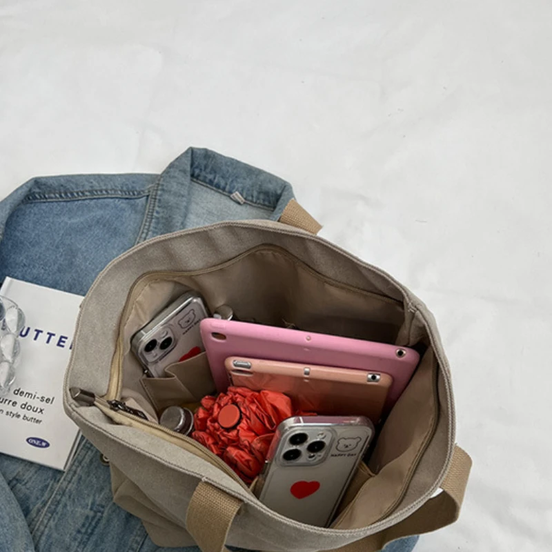 Canvas Bag Large Capacity Shoulder Bag 2023 New Trend Women's Bag All-match Fashion Student Bookbag Tote Bag Zipper Preppy style