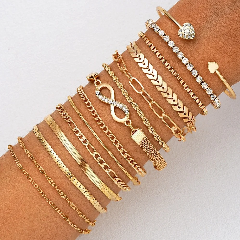 3/5/14 Pcs Punk Simple Metal Twist Bracelet Set For Women Fashion Gold Color Heart Zircon Tone Chain Daily Wear Jewelry Gifts