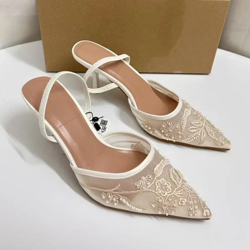 Brand Designer White Women Wedding Pumps Mesh Embroidered Flowers Back Strap Sexy Slingback High Heel Dress Shoes for Ladies 3