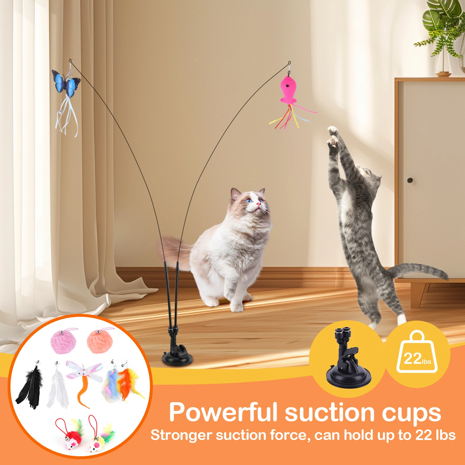 Pet Cat Toy Set Replacement Head Toy Suit Multifunction Interactive Cat Toy Handfree Cat Toy Stick for Floor Glass Door Panel