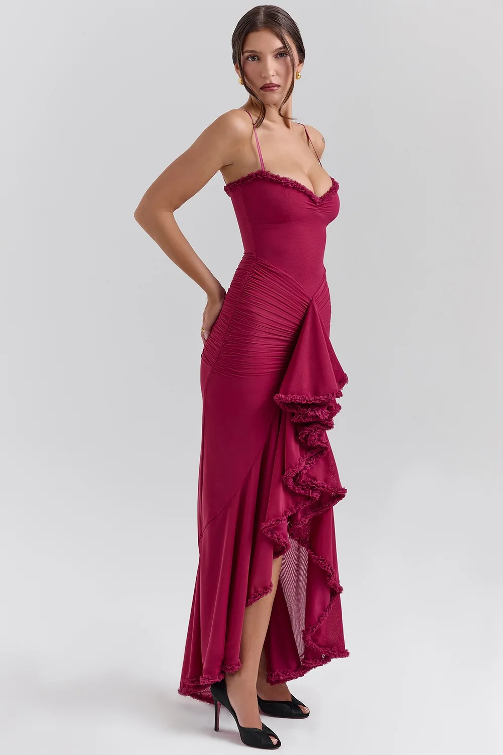 CHNMR Robe longue moulante élégante à volants et drapée pour femme, style Y2K, sexy, sans manches, sans bretelles, à bandes, de luxe, pour soirée
