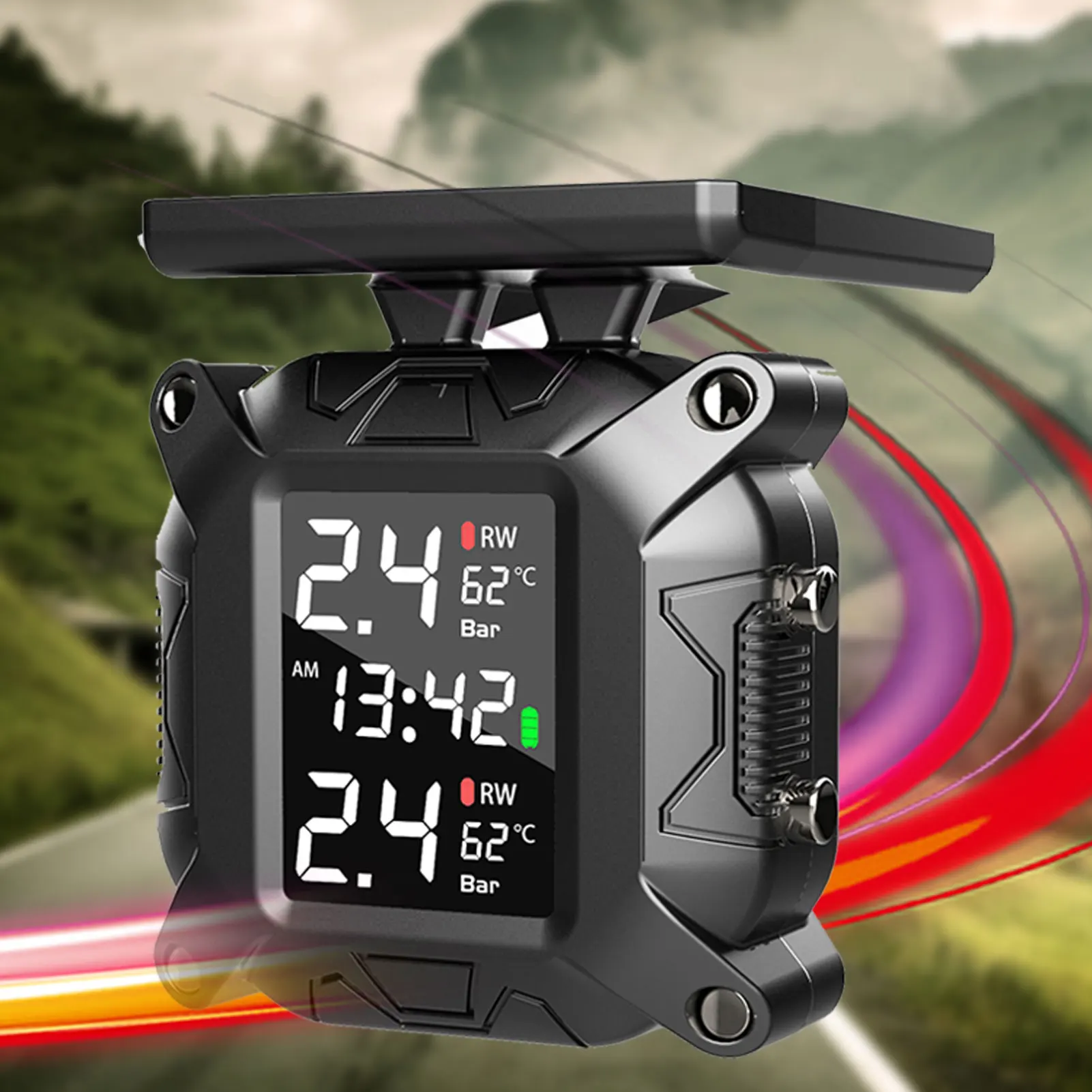 TPMS Solar Power Motorcycle Tire Pressure Tyre Temperature Monitoring Alarm System Real-time Monitoring With 2 External Sensors