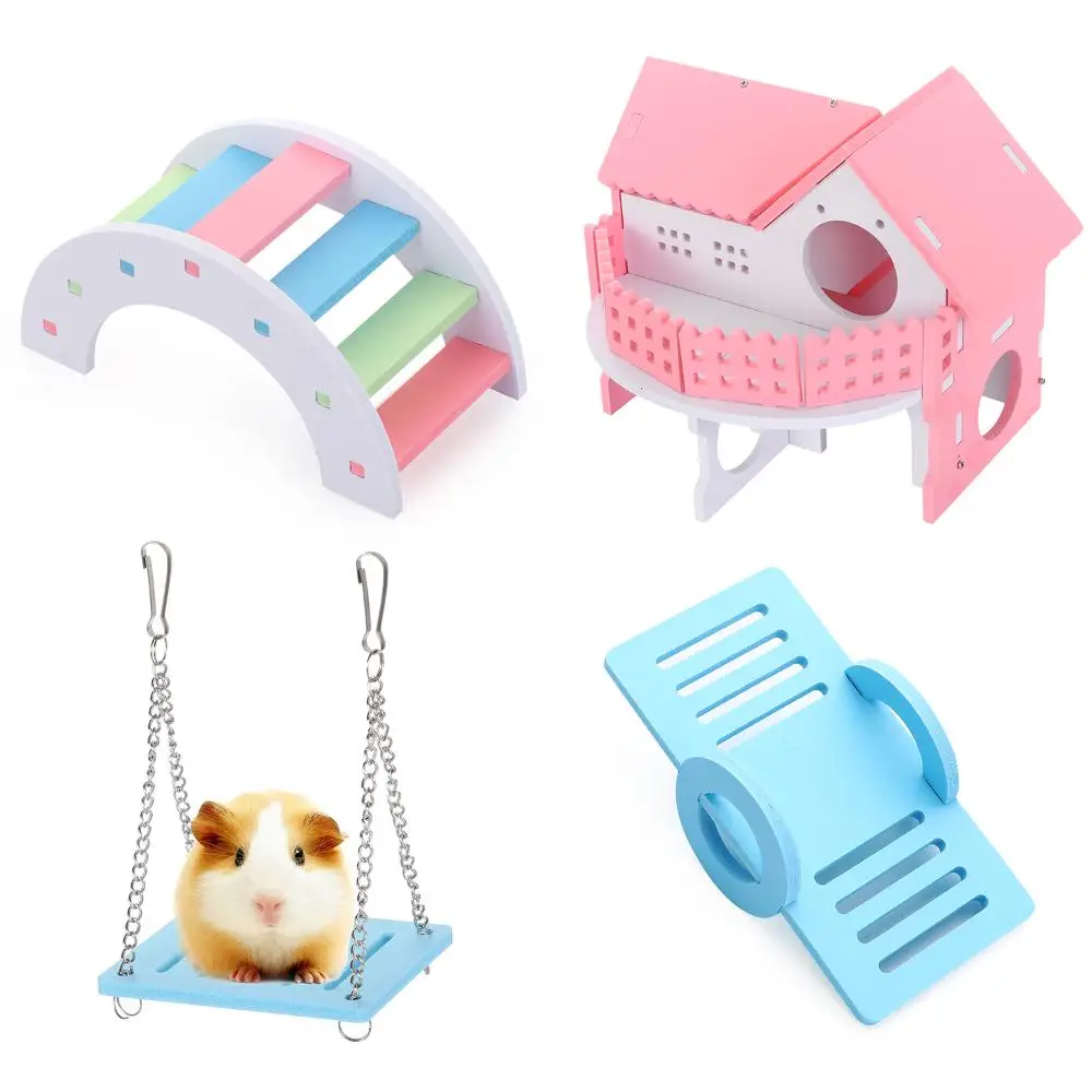 Hamster Toys Set Include Wooden Hamster House for Small Animal Gerbil Rainbow Bridge Seesaw Toy Chew Corn pet stand toys