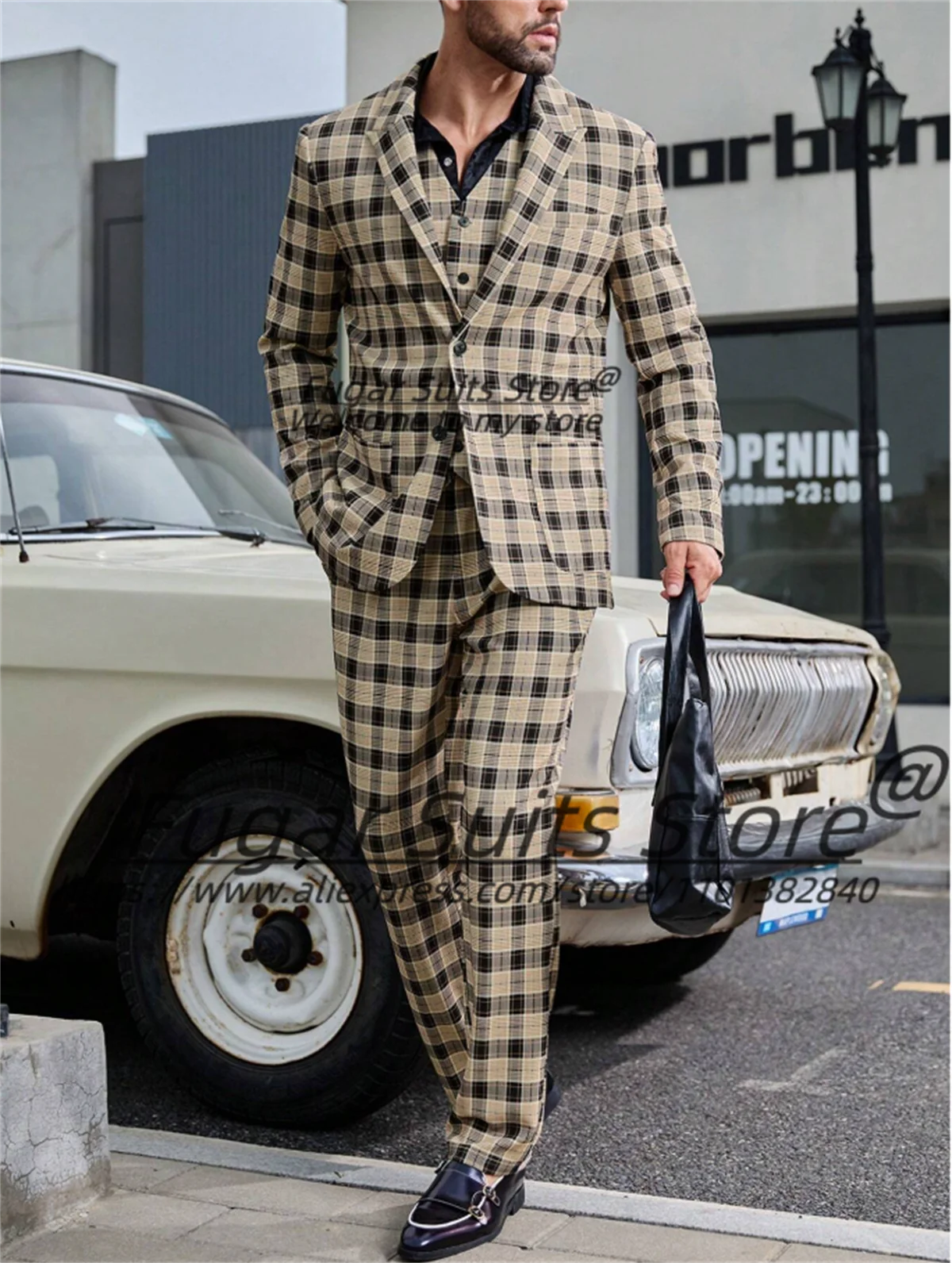 khaki Casual Plaid Men Suits Slim Fit Peak Lapel Groom Tuxedos Prom 3 Pcs Sets Business High-quality Male Blazers Costume Homme