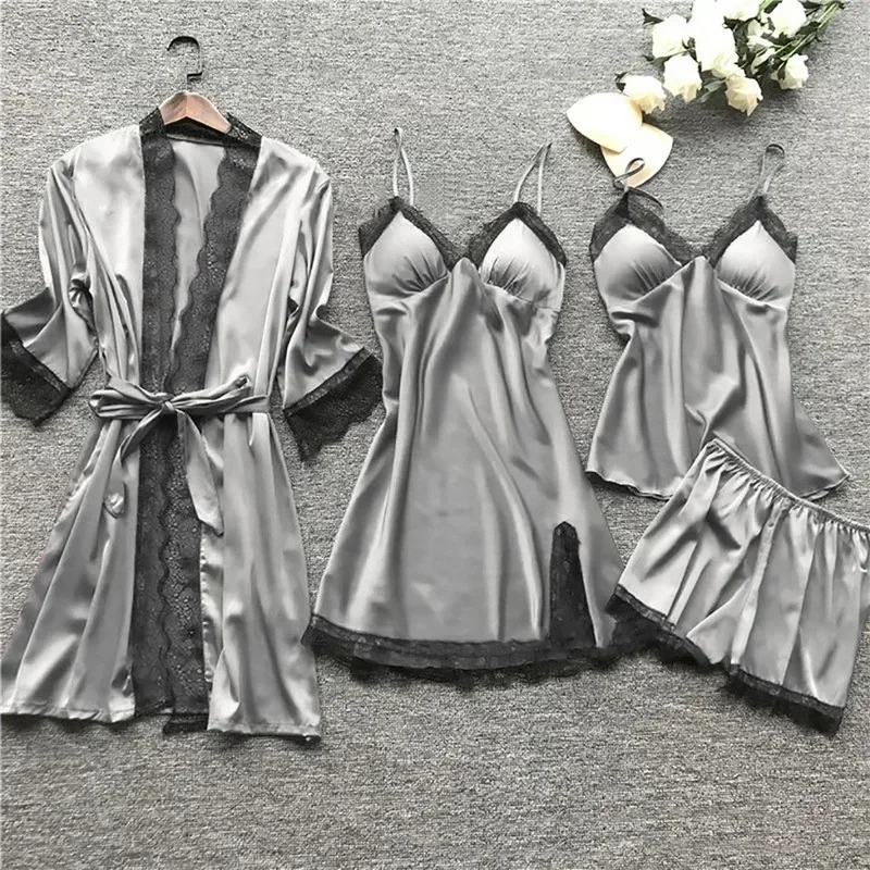 2024 New Women Pajamas Sets Satin Sleepwear Silk 4 Pieces Nightwear Pyjama Strap Lace Sleep Lounge Pajama with Chest Pads Drop