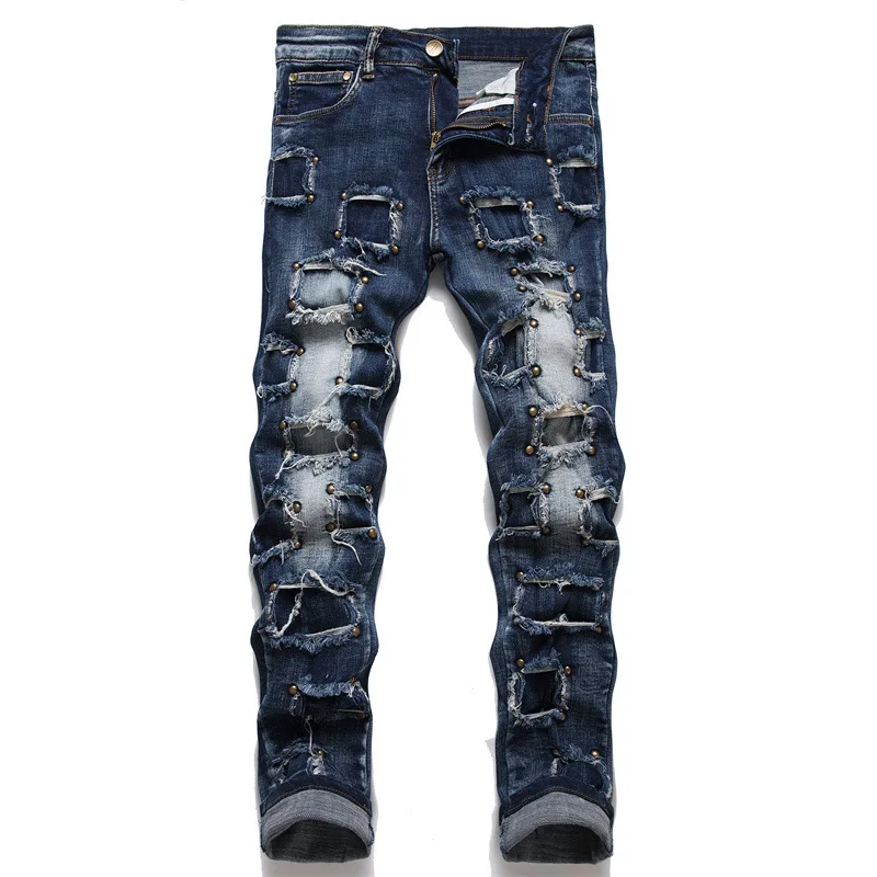 

European American Style Punk Trend Willow Nail Ripped Patch Cloth Fashion Jeans Slim Waist Hip Hop Motorcycle Men's Clothing