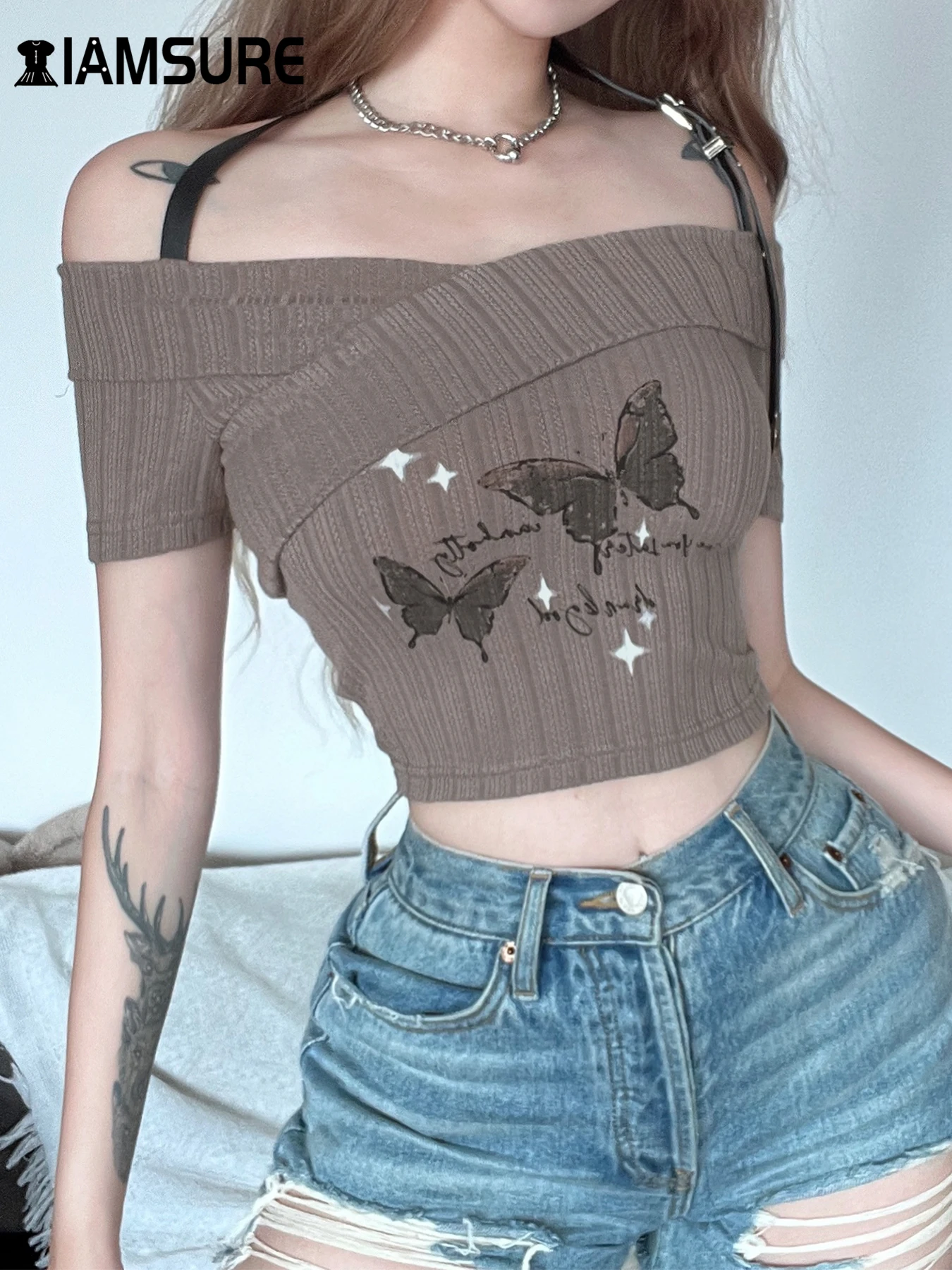 

IAMSURE Casual Butterfly Printed Cropped T Shirt Sexy Slim Slash Neck Sleeveless Tees Women 2024 Summer Fashion Streetwear Lady