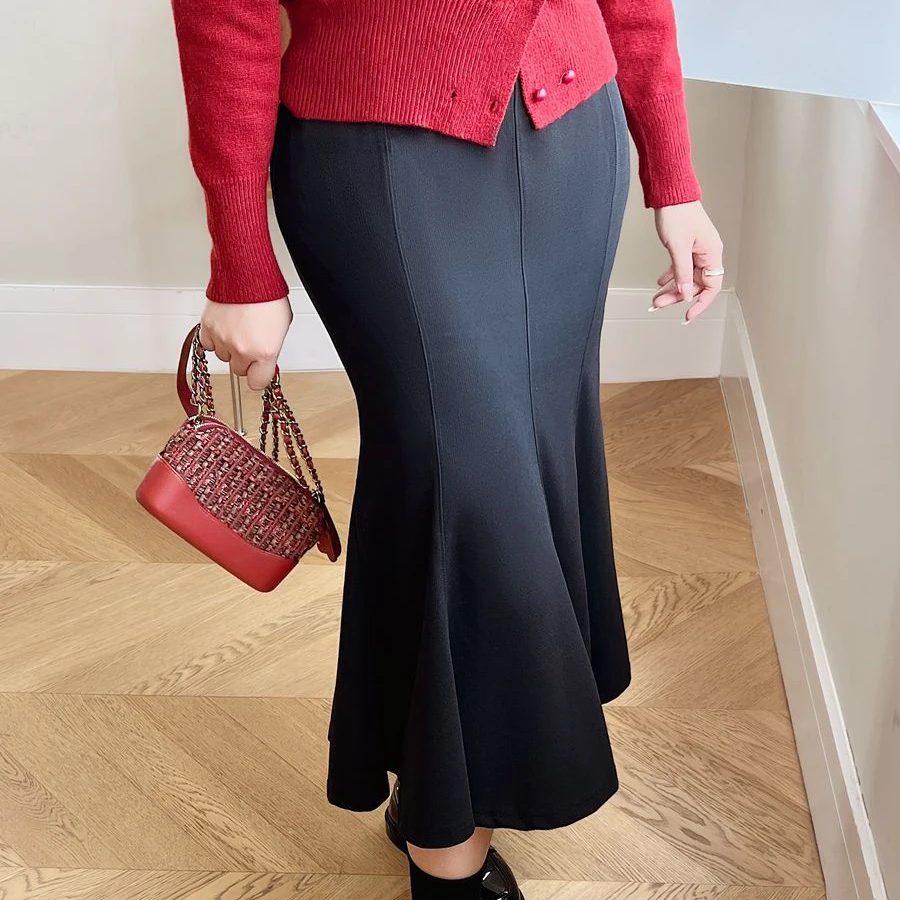 Autumn Good Quality Womens Plus Size Casual Clothing Winter OL Stylish Elastic High Waist Black Mermaid Long Skirt