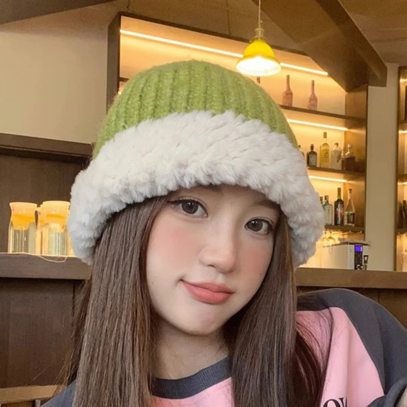

Female Plush Bucket Hat Windproof Knitting Beanie Cute Fashion Hat Women Winter Headpieces Bonnet Soft Warm SKI Skullies