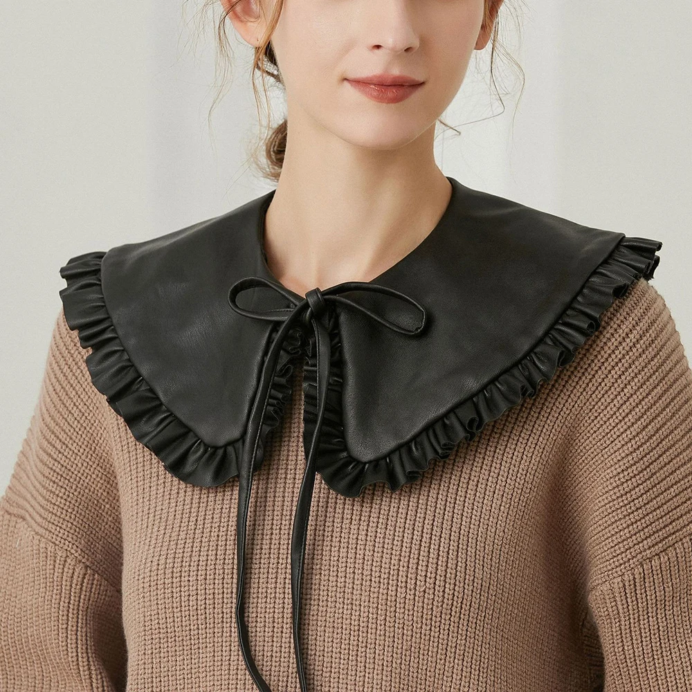 

Black Pu Leather Fake Collar Shawl Detachable Ruffled False Collar Korean Style Women Blouse Sweater Clothes Accessories