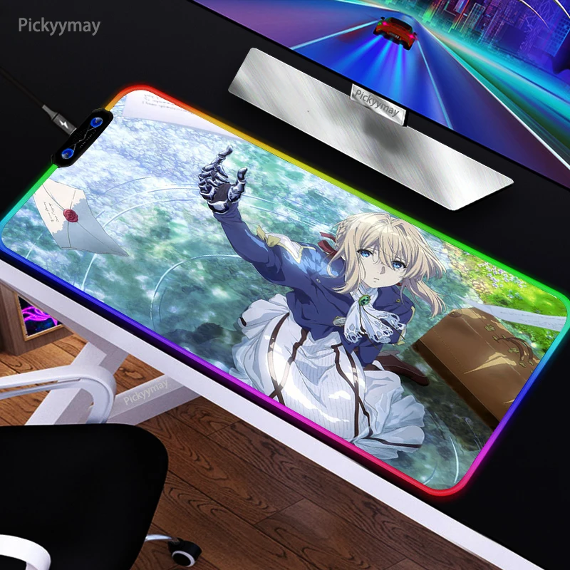 

Фиолетовый Аниме Коврик для мыши Evergarden RGB, компьютерный коврик для мыши XXL, игровой коврик для мыши, игровой Настольный коврик со светодиодной подсветкой