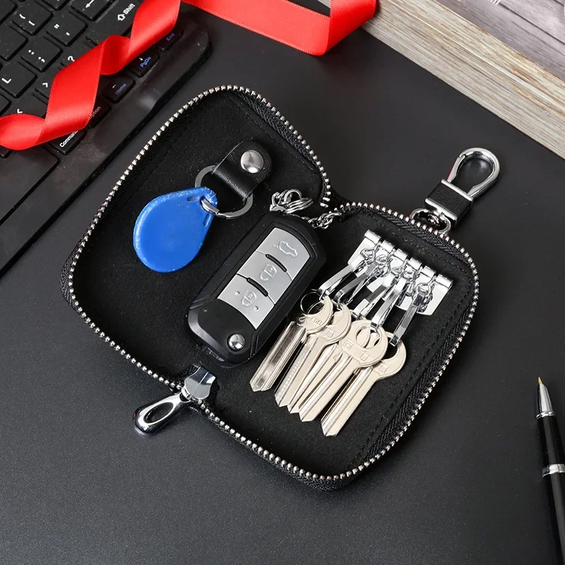 Key Case Holder Organizer Purse Protector Genuine Leather Car Zipper for Men Women