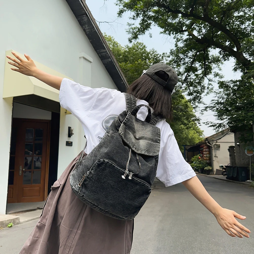 Denim Laptop Backpack Vintage Women's Backpack Casual Canvas Daypack Female Handbag Purse Shoulder Bag College Travel Rucksack