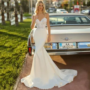 Appliques Lace Backless Beaded Sweetheart Neck Mermaid Wedding Dress Sexy Spaghetti Straps Simple Bohemian Bridal Gown