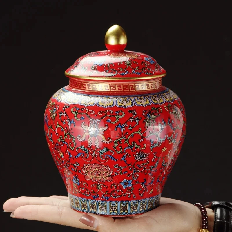 

Modern Red Painted Flower Ceramic Storage Jars Large Capacity Sealed Tea Tins Gilded Porcelain Crafts Candy Jars Home Decoration