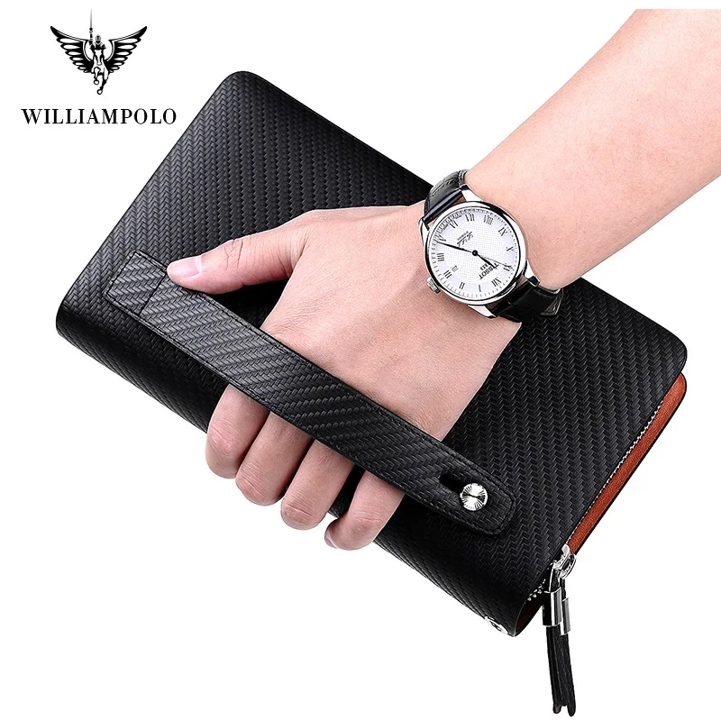 WILLIAMPOLO Men's Wallet Business Large Capacity Clutch Bag Genuine Leather Clutch Wallet Double Zipper Handbag Long Men Wallet 5